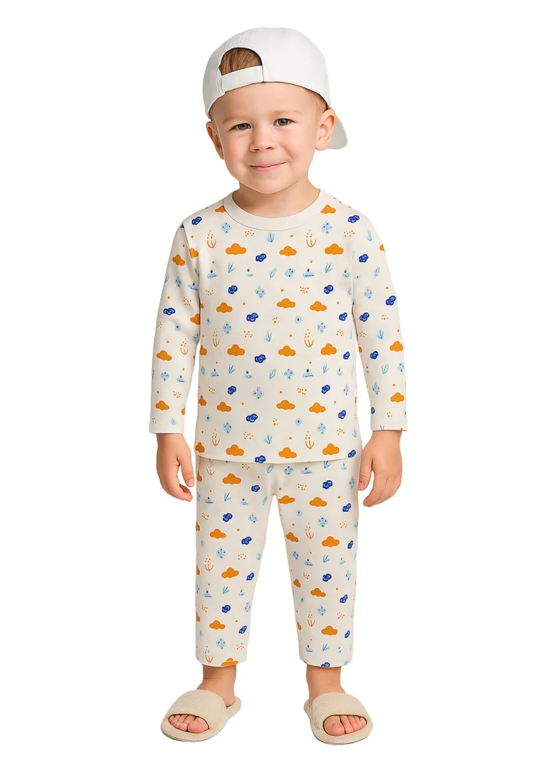 لؤي لؤي® طقم مطبوع بتصميم الغيوم والطبيعة من القطن بنسبة 100% | أزياء فائقة النعومة، أنيقة وراقية | تيشيرت بأكمام طويلة وبنطال مريح - أبيض